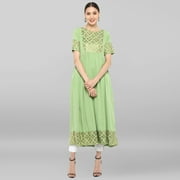 Janasya Indian Round Neck Half Sleeve Gold Print Light Green Poly Crepe Kurta For Women