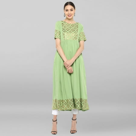 Janasya Indian Round Neck Half Sleeve Gold Print Light Green Poly Crepe Kurta For Women