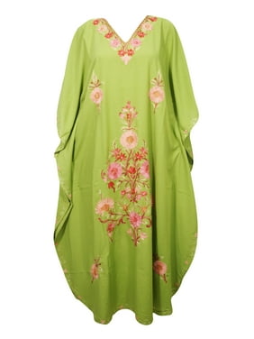 Mogul Women's Kashmiri Crewel Traditional Embroidered Green Kimono Maxi Caftan 3XL