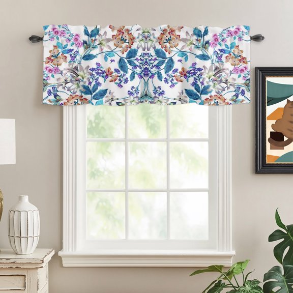 Curtain Valances for Kitchen Windows,Watercolor Colorful Flower Leaves Rod Pocket Valances Short Curtains Garden Floral on White Window Treatment for Living Room Bathroom Bedroom Decor,54x18in