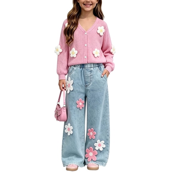 LvhaoGJOB Little Kids Girls Cardigan and Pants Outfit Set, Pink - knit cardigan, light wash denim