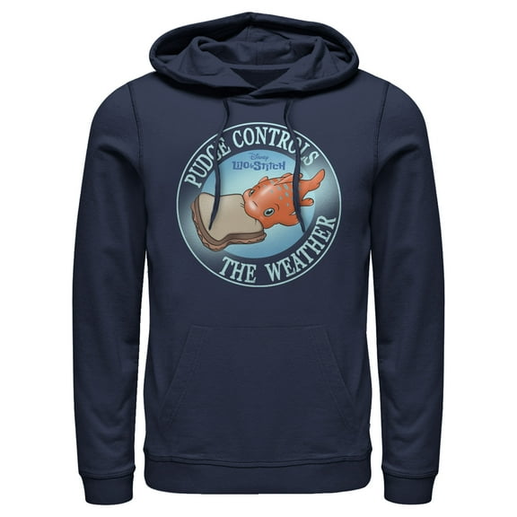 Men's Lilo & Stitch Pudge Controls the Weather  Pull Over Hoodie Navy Blue Large