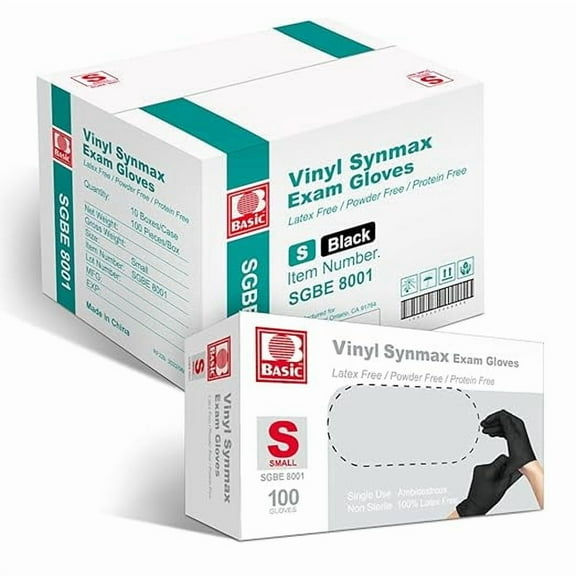 Basic Vinyl Synmax Disposable Exam Gloves- 4 mil Safety - Small (Case of 1000, Black)
