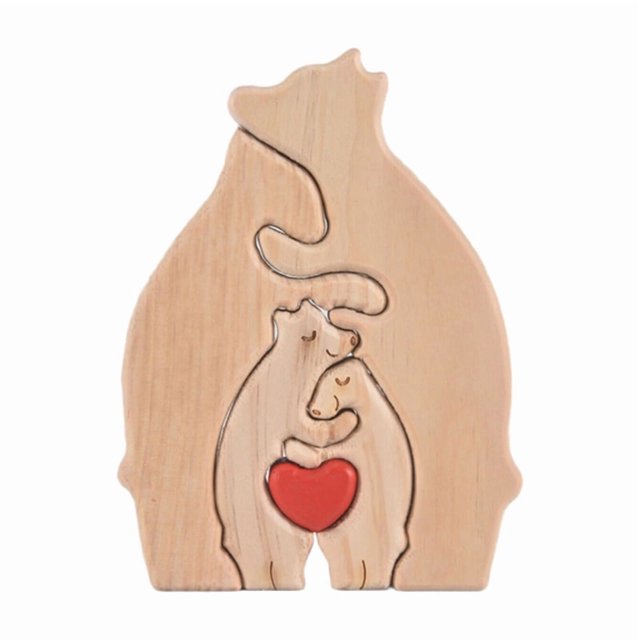 Estatua de la Familia del Oso de Madera Rompecabezas de Arte Familiar Adorno de Escritorio Rompecabezas del CorazóN Familiar DecoracióN del Hogar Regalo del DíA de la Madre,B