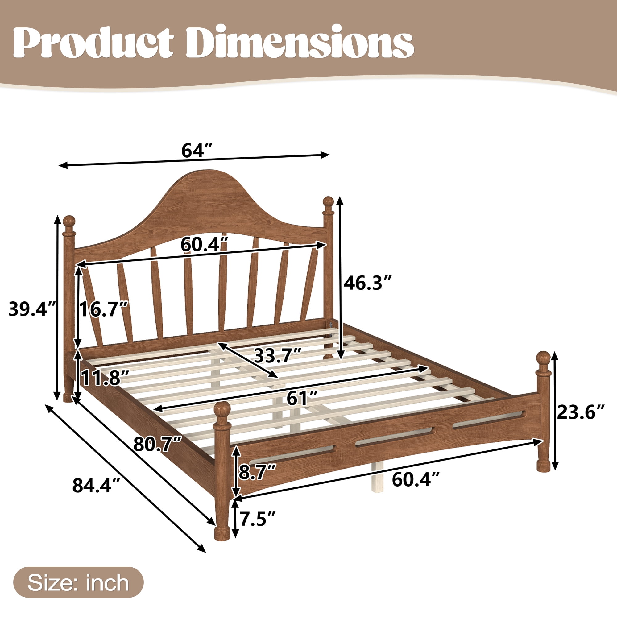 Leumius Queen Size Platform Bed with Chic Headboard, Solid Wood Bed Frame with Slatted Support, Low to Ground Design for Bedroom Brown