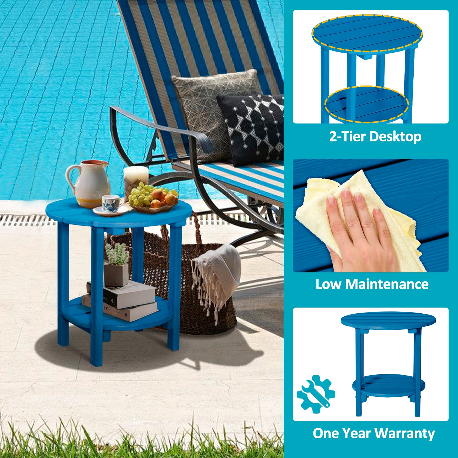 Nalone HDPE Adirondack Outdoor Side Table, Outdoor Coffee Table Double Layer With Shelf All Weather Use Patio Deck Table, Outside Coffee Side End Table, Navy Blue
