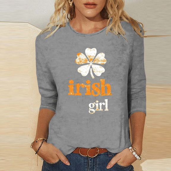 St Patrick's Day Shirt for Women Irish Girl Slogan Clover Graphic Tee Three Quarter Sleeve Crewneck Distressed Festival Apparel Gift