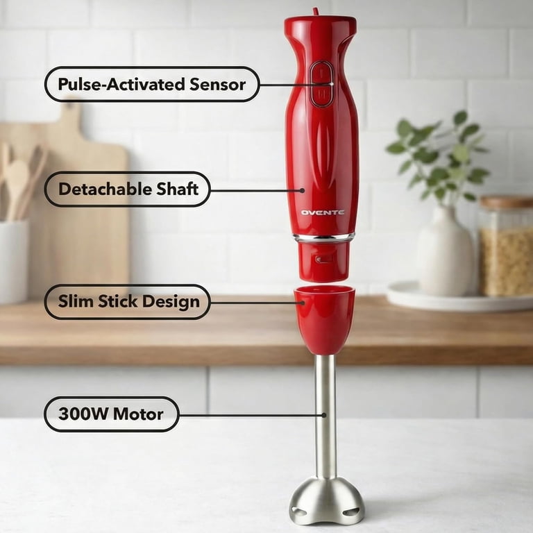 OVENTE Electric Hand Blender 300W, 2 Speeds, Stainless Steel, Red