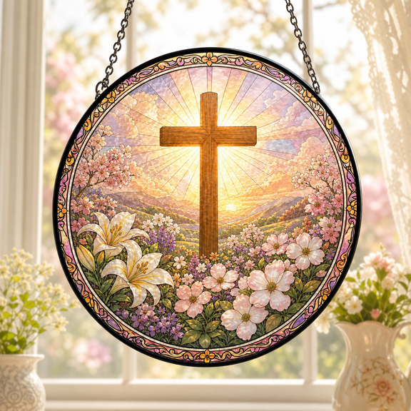 Faith Blossom Cross Stained Glass Suncatcher for Window Hanging Christian Gift