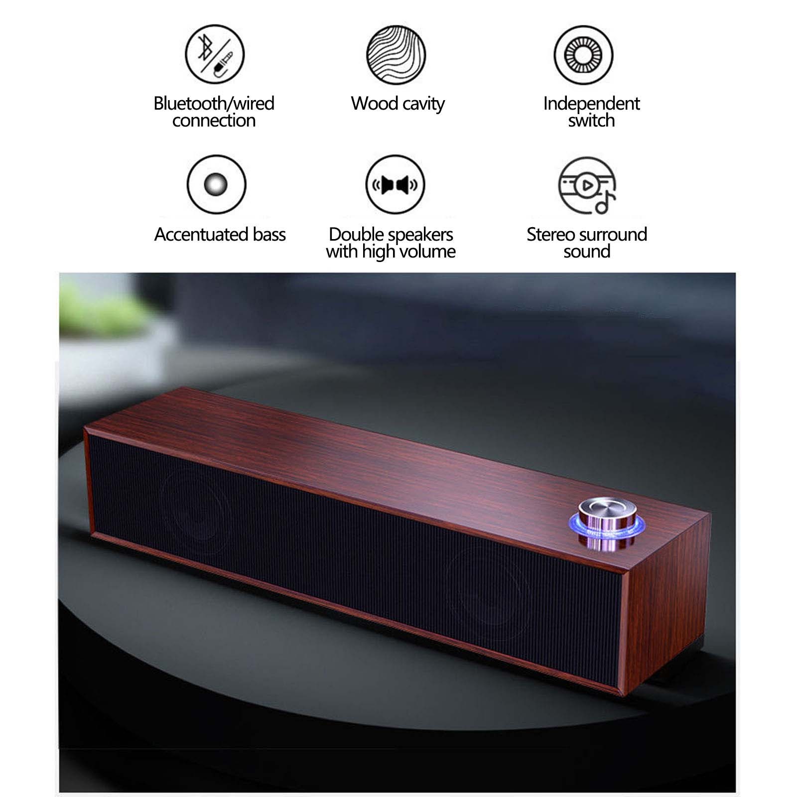 Brown Desktop Bluetooth Speaker Wooden Design 14.6X3.54X2.76 Inches Wireless Audio For Pc Laptop Home Office