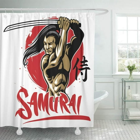 PKNMT Fight Samurai Warrior with Muscle Body with Word Write in Japanese Kanji Sword Man Waterproof Bathroom Shower Curtains Set 66x72