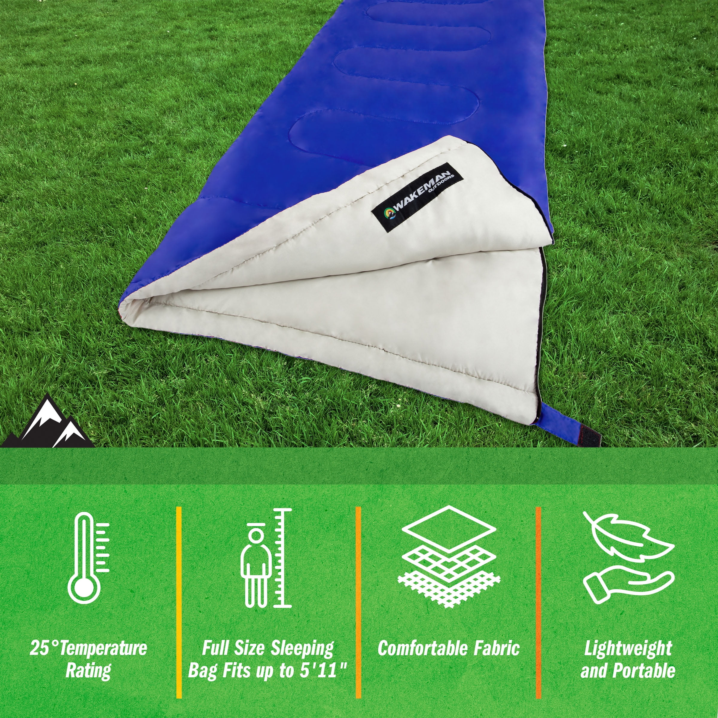 Wakeman Outdoors Warm Sleeping Bag with Insulated Filling for Adults (Blue)