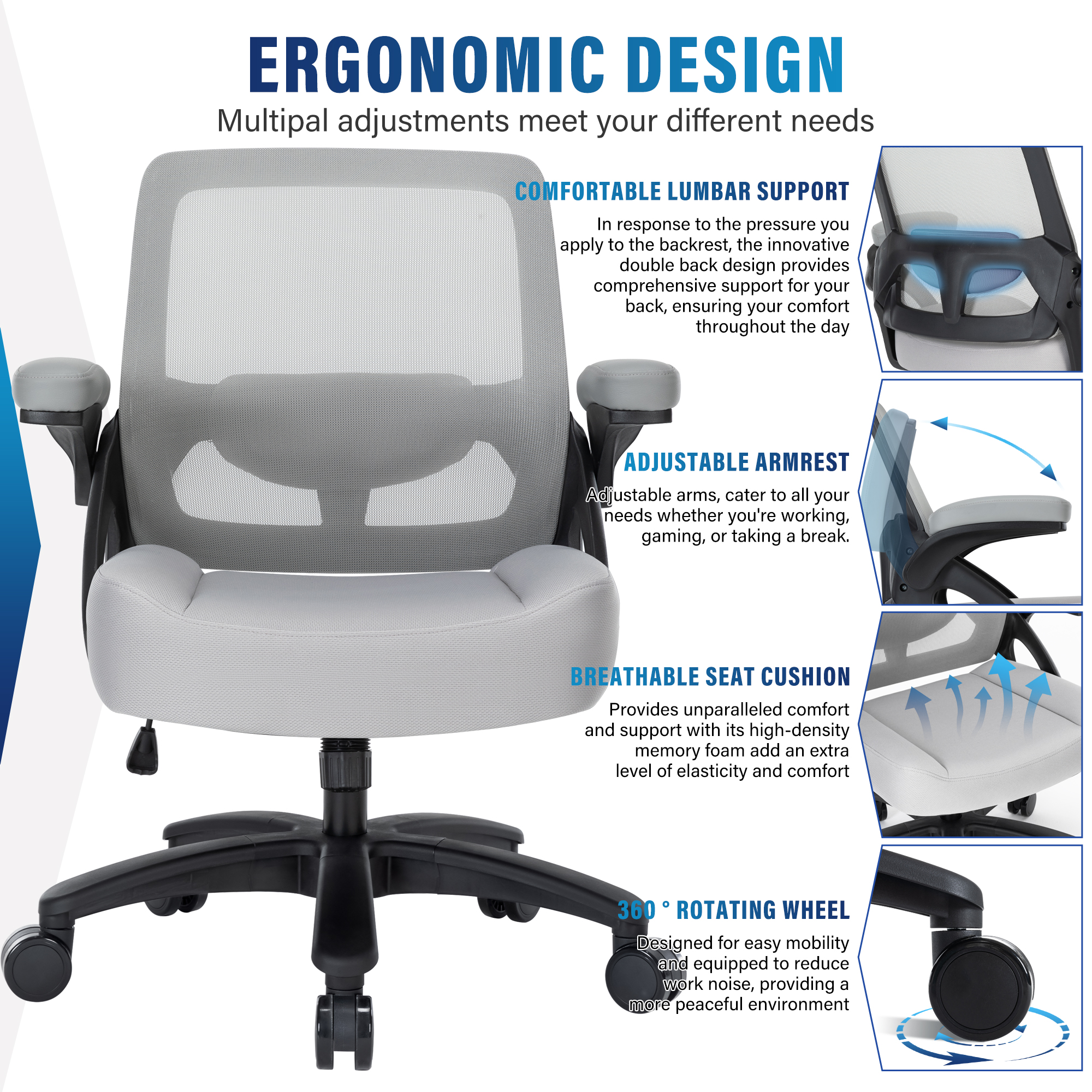 Hramk Light Gray Big and Tall Office Chair, 400 lb Mesh Desk Chair with Flip Arms, Wide Seat Office Chair for Heavy People, 360 Swivel Computer Task Chair for Adults - image 2 of 7