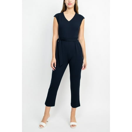 Nine West V-Neck Sleeveless Tie Waist Zipper Back Solid Crepe Jumpsuit with Pockets-NAVY / 8