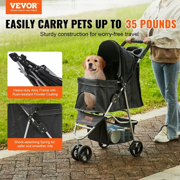 Vevor Pet Stroller 3 Wheels Dog Stroller Rotate With Brakes 35lbs Weight Capacity Puppy Stroller With Front Pedal Velcro Black
