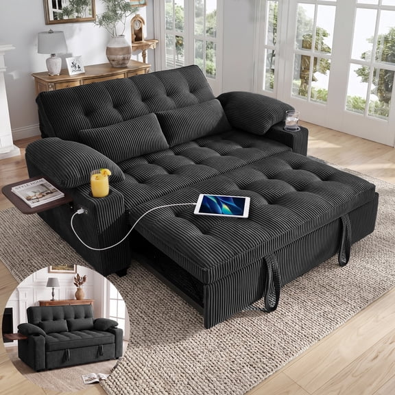 58" Sleeper Sofa Bed, Full Size Pull Out Couch, Convertible Corduroy Loveseat with USB Charging, Cup Holders, Side Table, Adjustable Backrest, Side Pockets for Living Room, Apartment, Office (Black)