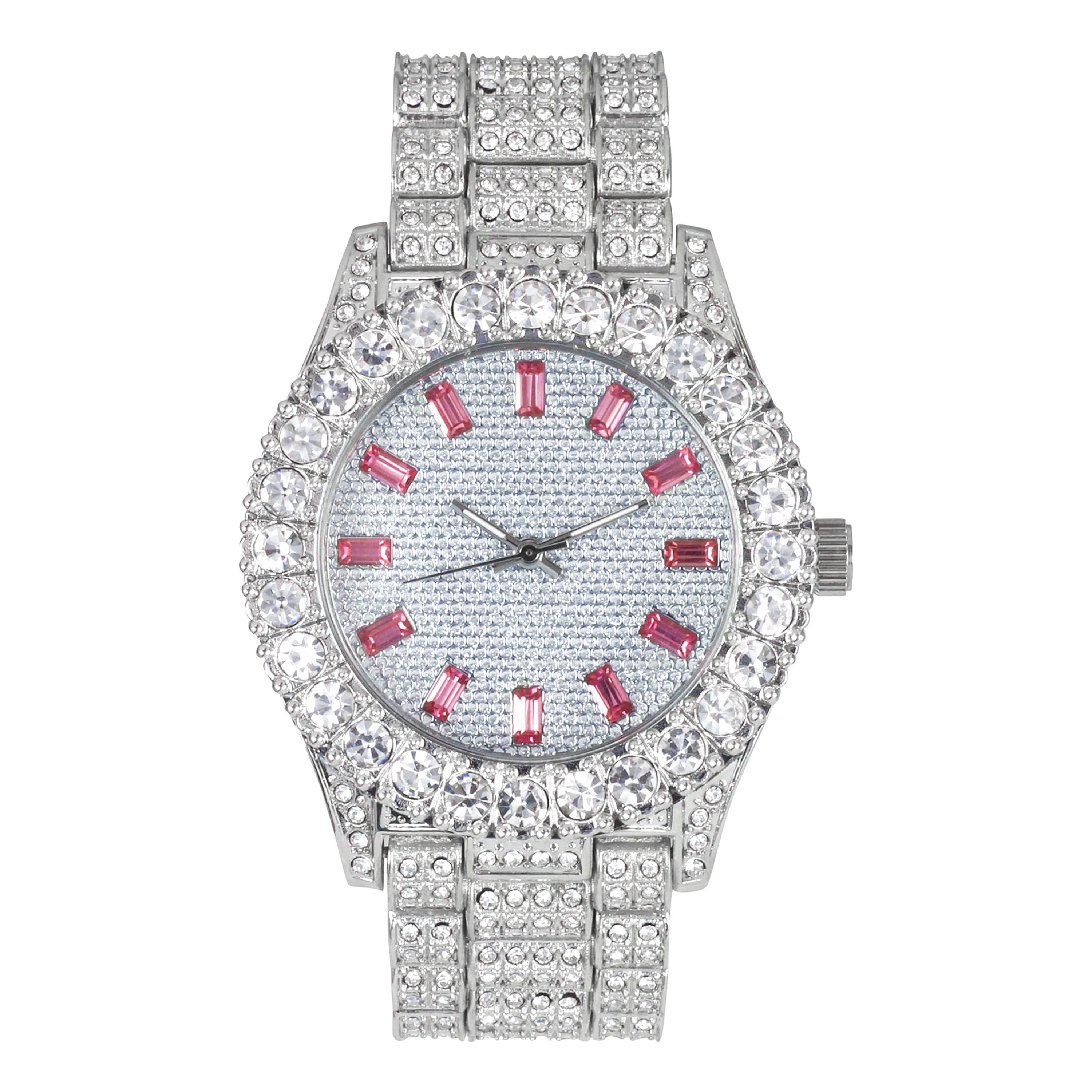 Womens Iced Diamond Watch with Solitaire Bezel and Bling-ed Out Honey Comb Dial - Quartz Movement - Silver Finish