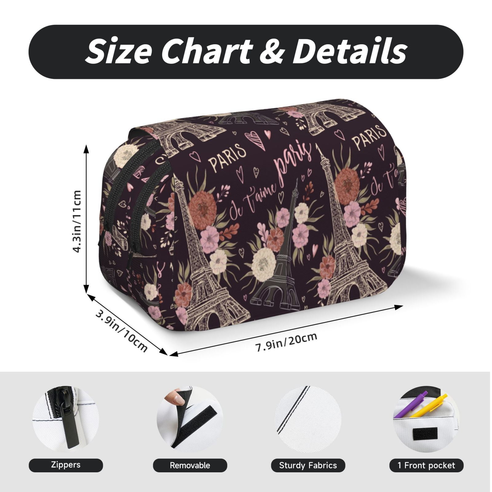 Rateoe Romantic Paris Pattern Double Clamshell Pen Case, Storage Organizer with Two Zipper Compartments– Holds Up to 50 Pencils & Pens
