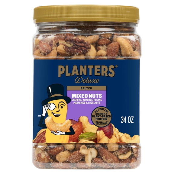 PLANTERS Deluxe Salted Mixed Nuts, Party Snacks, Plant-Based Protein, 34 oz Plastic Jar