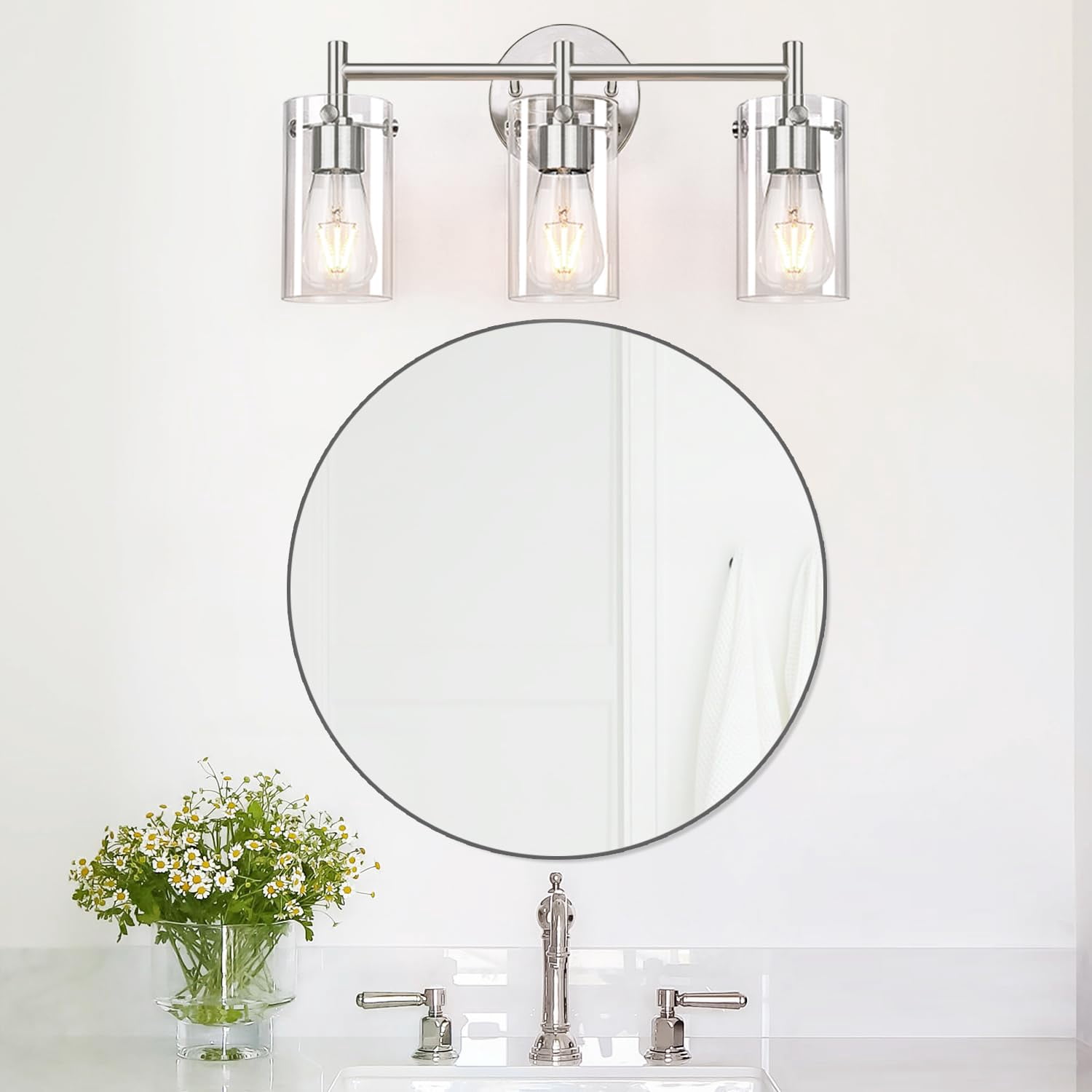 3-light Brushed Nickel Bathroom Vanity Light Fixtures  Clear Glass Shade Wall Sconces For Mirror Bedroom Living Room Hallway