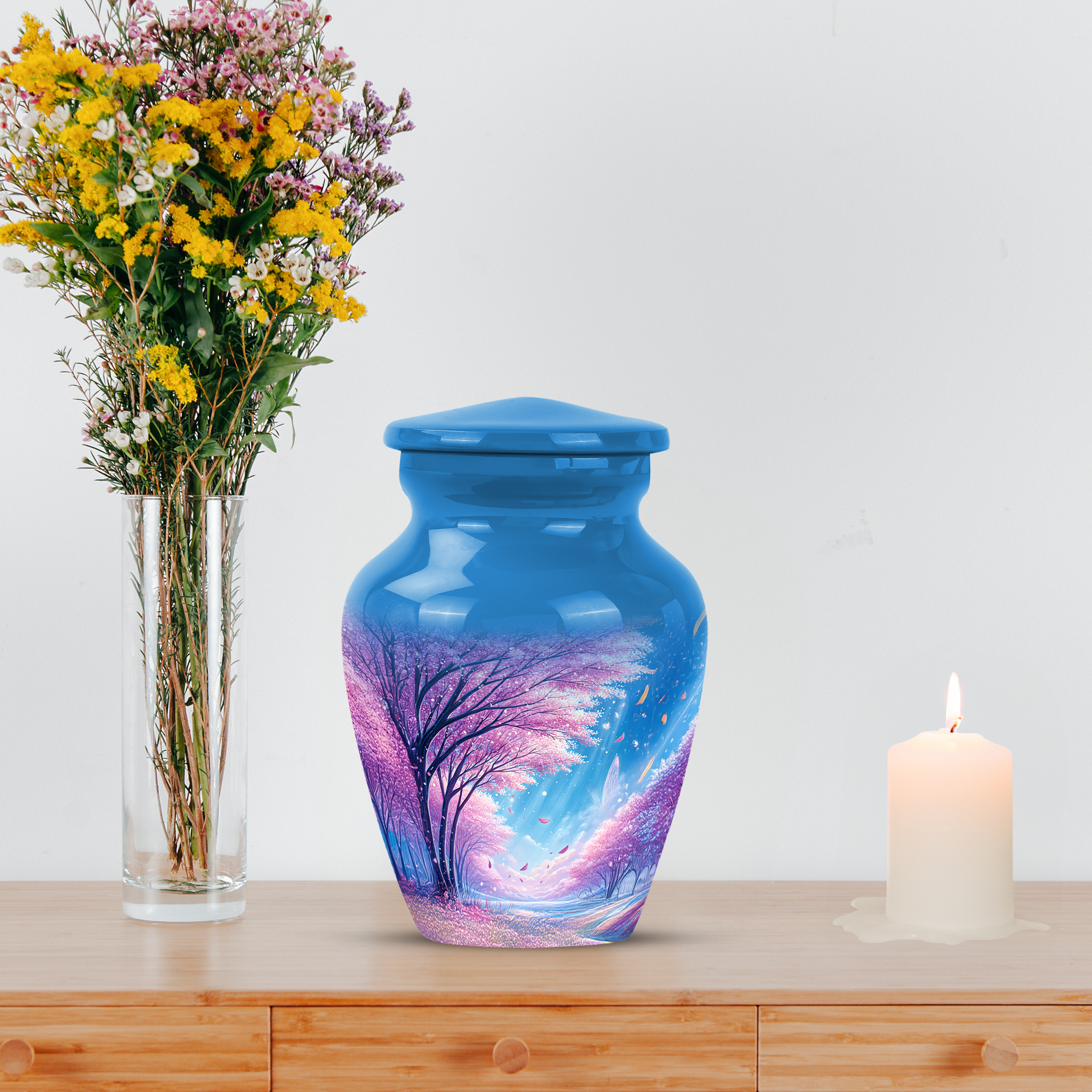 MUKTIVE Cherry Blossom Flowers Cremation Urns,Burial Urn for Human Ashes Adult Man, Decorative Urn for Women Funeral, Blue Cremation Urn for Ashes for Female Burial, 3 Inch
