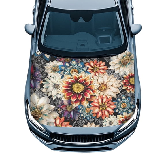 XYZCANDO Flower Pattern Protective Car Hood Cover Protector Stretch Fabric Universal Car Hood Wrap, Car Hood Decoration Removable for Van SUV Trucks