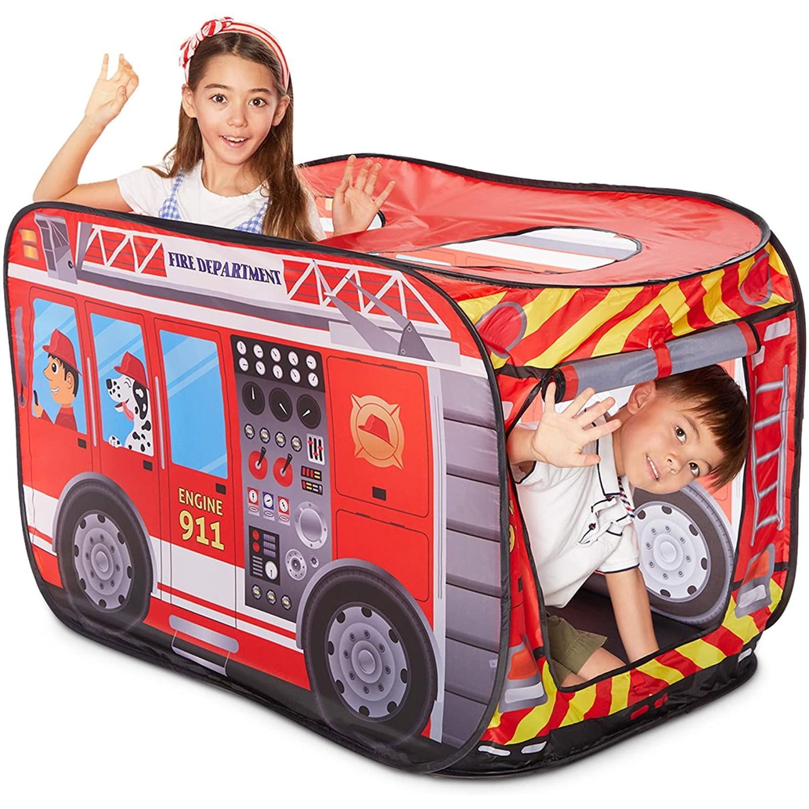 Portable Travel Pop-up Tent Fire Truck Design Kids Childs Outdoor Playhouse 