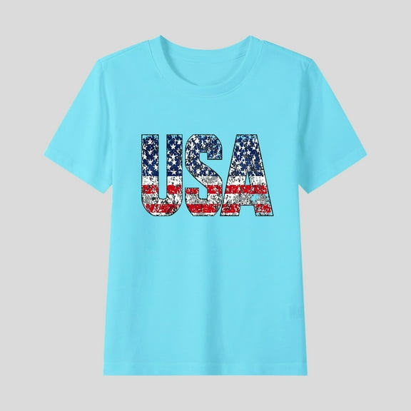 Fatuov Patriotic 4th of July Shirt for Kids Round Neck Comfy Shirt for Girls Boys USA Flag Print Independence Day Summer Short Sleeve Shirt 2-15 Years