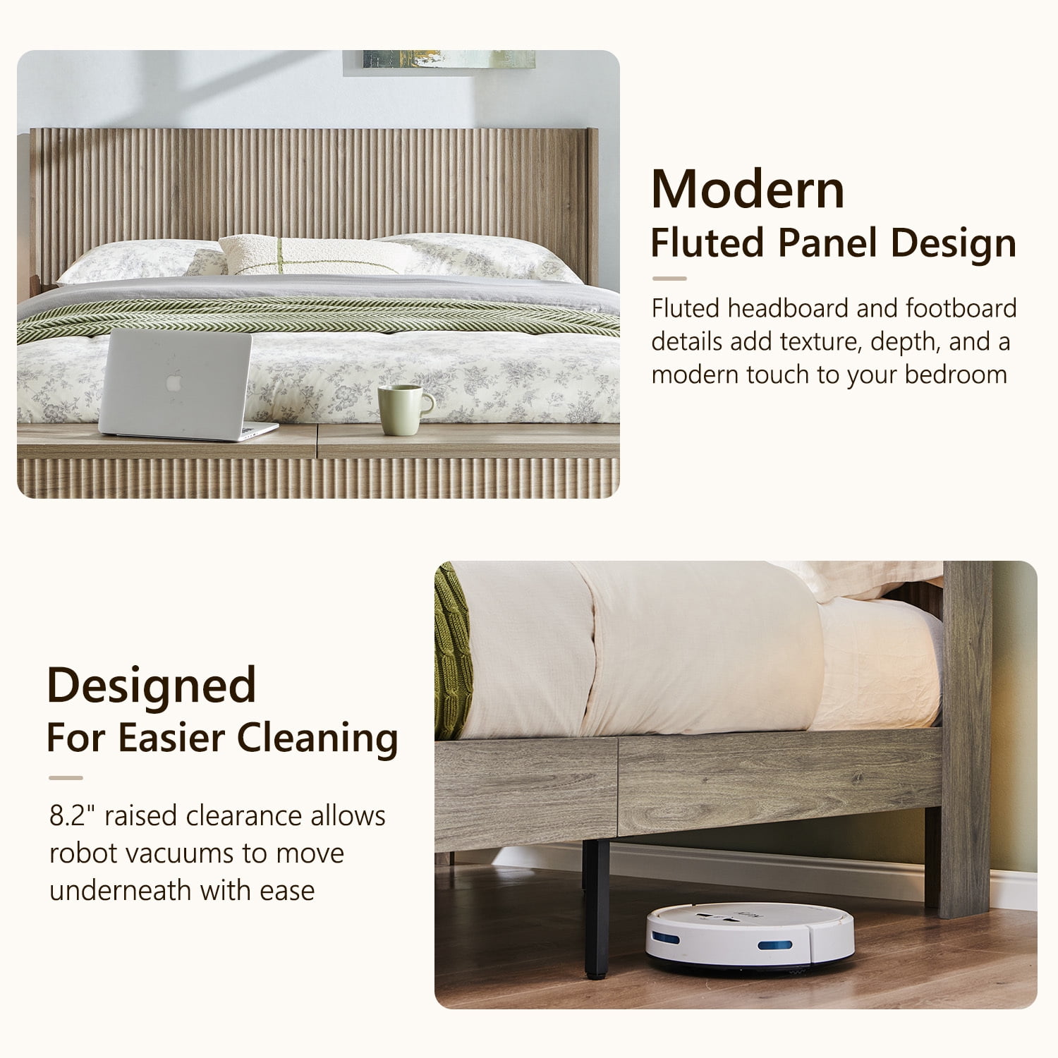 KeyWhat Modern Fluted Queen Size Bed Frame with Headboard & Storage Footboard, Built-in Drawers & Lift-Up Gas Struts, Solid Wood Slats, No Box Spring Needed, Grey Alder