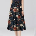 thumbnail image 4 of Yucgh Women's Floral Print Midi Skirt with Drawstring Elastic Waist, Casual Bohemian Skirt, A-line Summer Skirt with Pockets,Dark Blue,L, 4 of 7