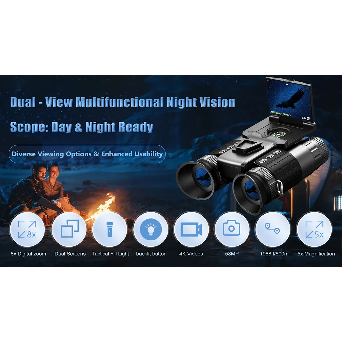4K HD Dual-Eye Binocular Include 64GB Infrared Night Vision Device Recording Digital Photography Camping&Hiking Telescope