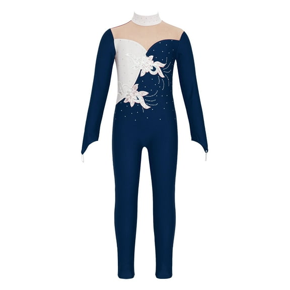 Alvivi Kids Girls Sparkle Flower Printed Long Sleeve Full Body Gymnastics Leotard Unitard Jumpsuit Navy Blue 10