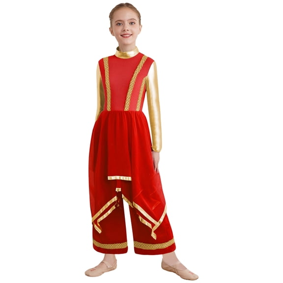 inlzdz Kids Girls Lyrical Praise Dance Outfit Long Sleeve Irregular Hem Worship Gold Trim Dress with Wide Leg Pants Red 16
