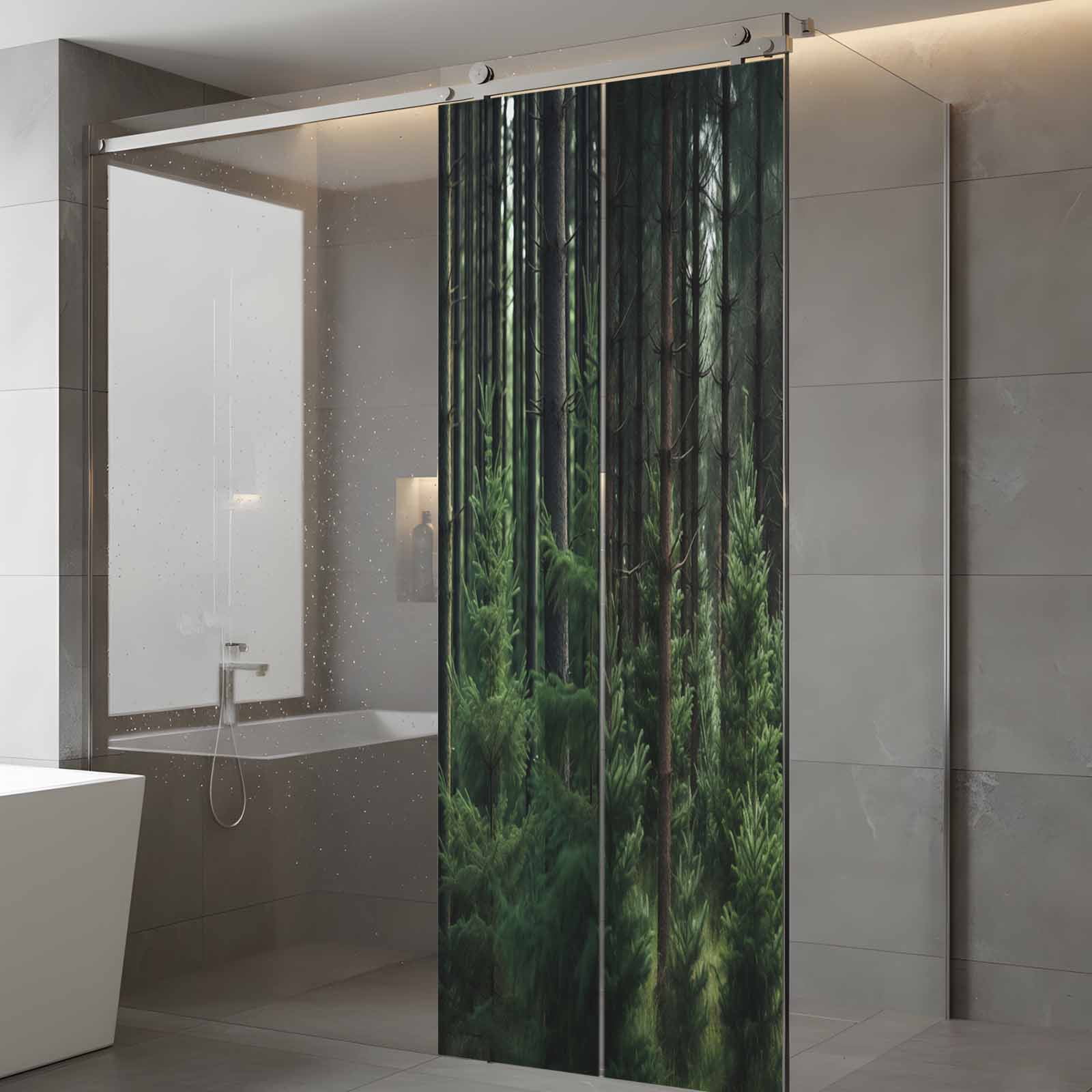 Green Forest Privacy Window Film, Decorative Frosted Glass Window Film, Mysterious Primitive Forest Pine Tree Reusable Peel and Stick Static Cling for Home Bathroom Office Glass Door 23.6"x59"