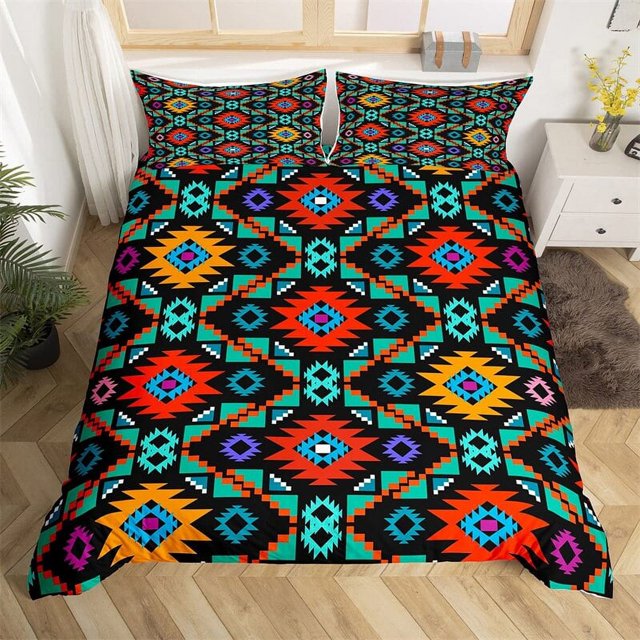 Western Exotic King Duvet Cover Red Aztec Comforter Cover Ethnic Tribe Trippy Feather Bedding Set Moroccan Mexican Style Bed Set