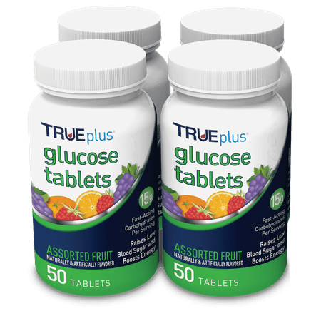 TRUEplus® Glucose Tablets, Assorted Flavor (Grape, Raspberry, Orange) - 50ct Bottle (4 Bottles)