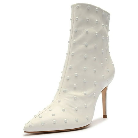 

Schutz Anne Nappa White Pull On Pearl Embellished Upper Stiletto Heel Bootie (White 6)