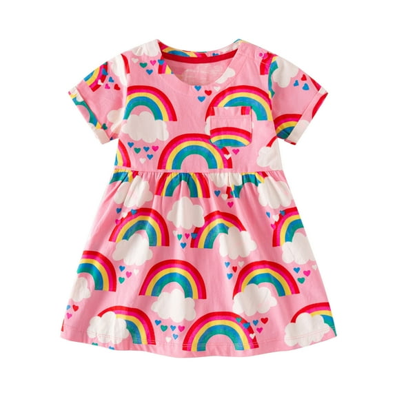 Girls' Cotton Dress Toddlers Kids Short Sleeve Jersey Dress with Prints Cute Casual Tshirts Sundress (7 Years, Pink 03)