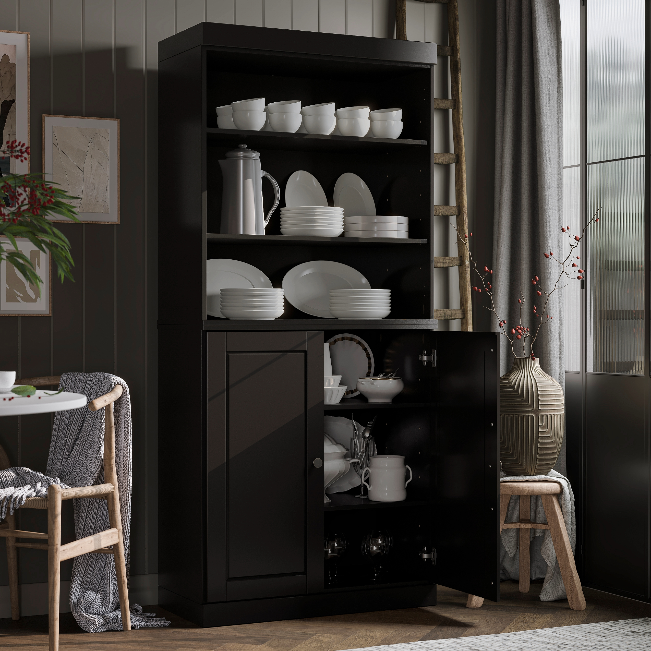 Palace Imports 100% Solid Wood 32" Kitchen Pantry Cabinet with Solid Doors, Black