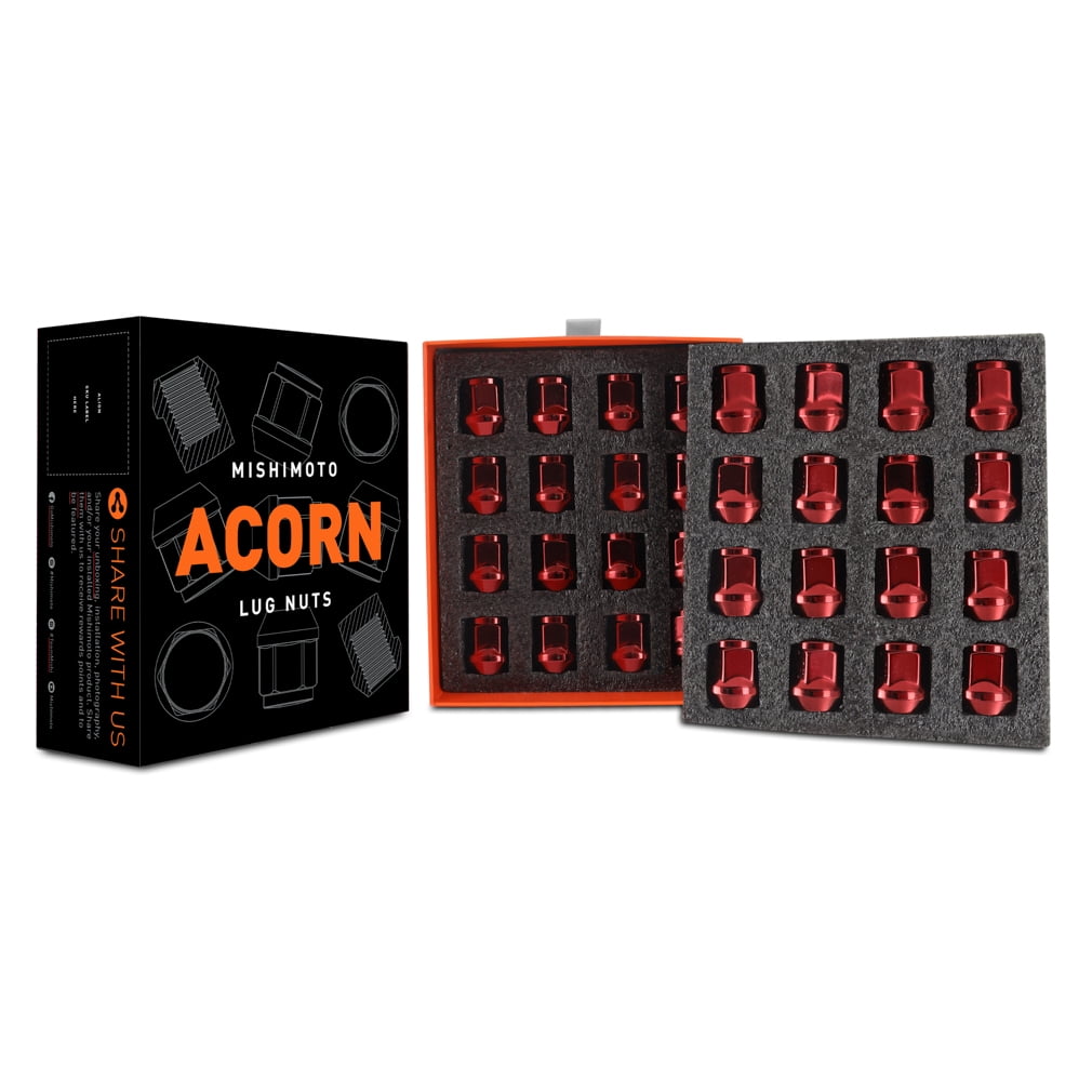 Mishimoto Steel Lug Nuts, M14x1.5, Acorn Seat, 32pc Set, Red