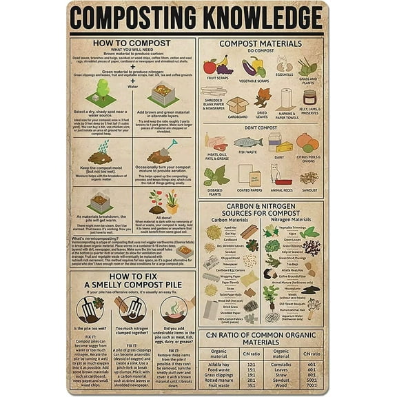 8 x 12 in Metal Tin Sign - Composting Knowledge Metal Sign Wall Decor Gardening Planting Guide Poster Farmhouse Home Kitchen Club Country 8x12 Inches