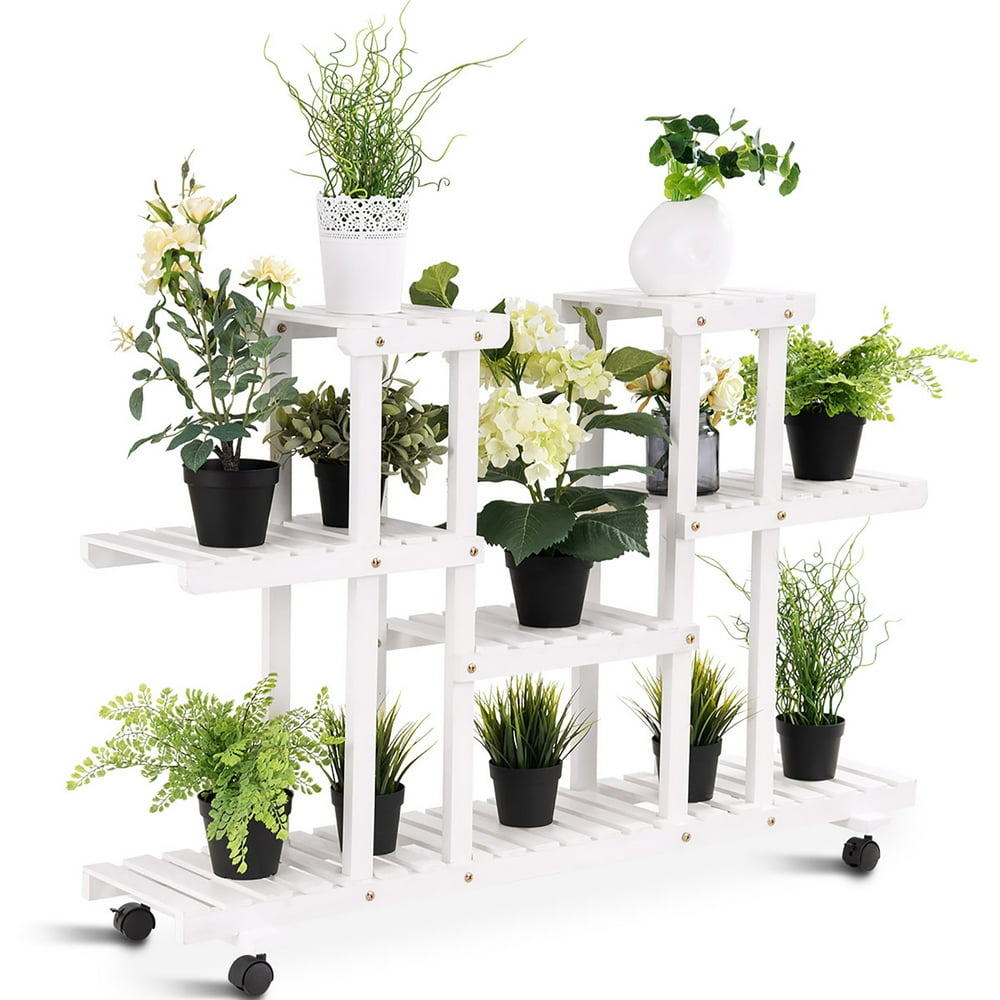 4Tier Rolling Flower Rack Wood Plant Stand Casters 12 Pots Bonsai