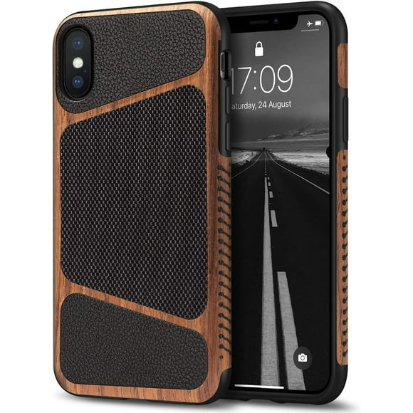 Tasikar Compatible with iPhone X Case/iPhone Xs Case Easy Grip Wood Grain with Nylon Fabric Leather Design Compatible