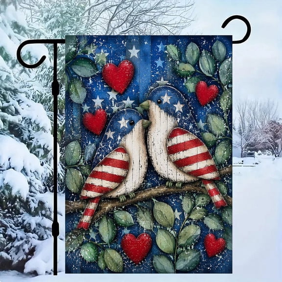 RKSupls Patriotic Linen Double Sided Garden Flag, Independence Day Themed Yard Decor, Love Birds Patriotic Branch Outdoor Banner for Holiday Lawn