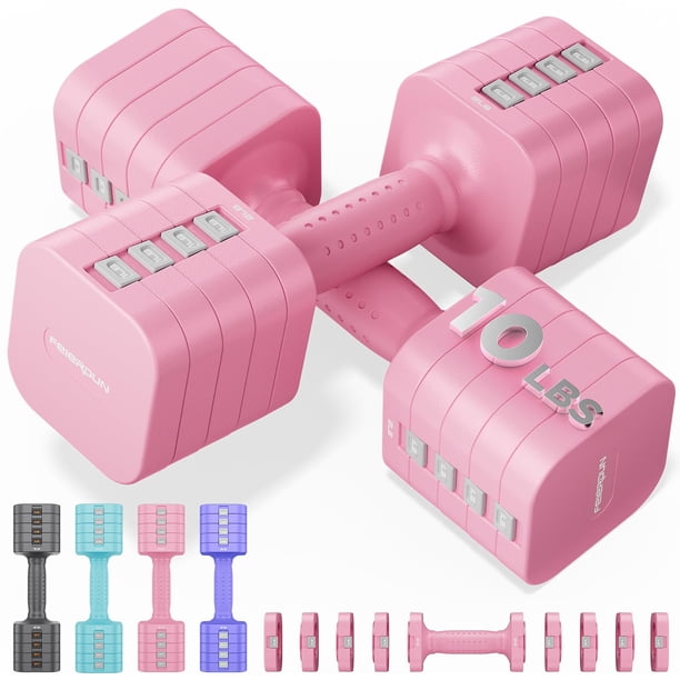 Set de mancuernas ajustables 5 en 1 FEIERDUN, pesos de 10/8/6/4/2 lbs para mujer, juego dual estable ajustable en 1 segundo para gimnasio en casa y exteriores