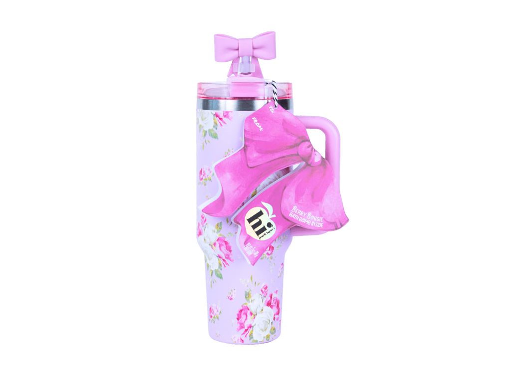 Hi Peach Layne Pink Floral Tumbler 40oz with Straw, Handle, & 30g Bath Bomb Inside, Limited Edition