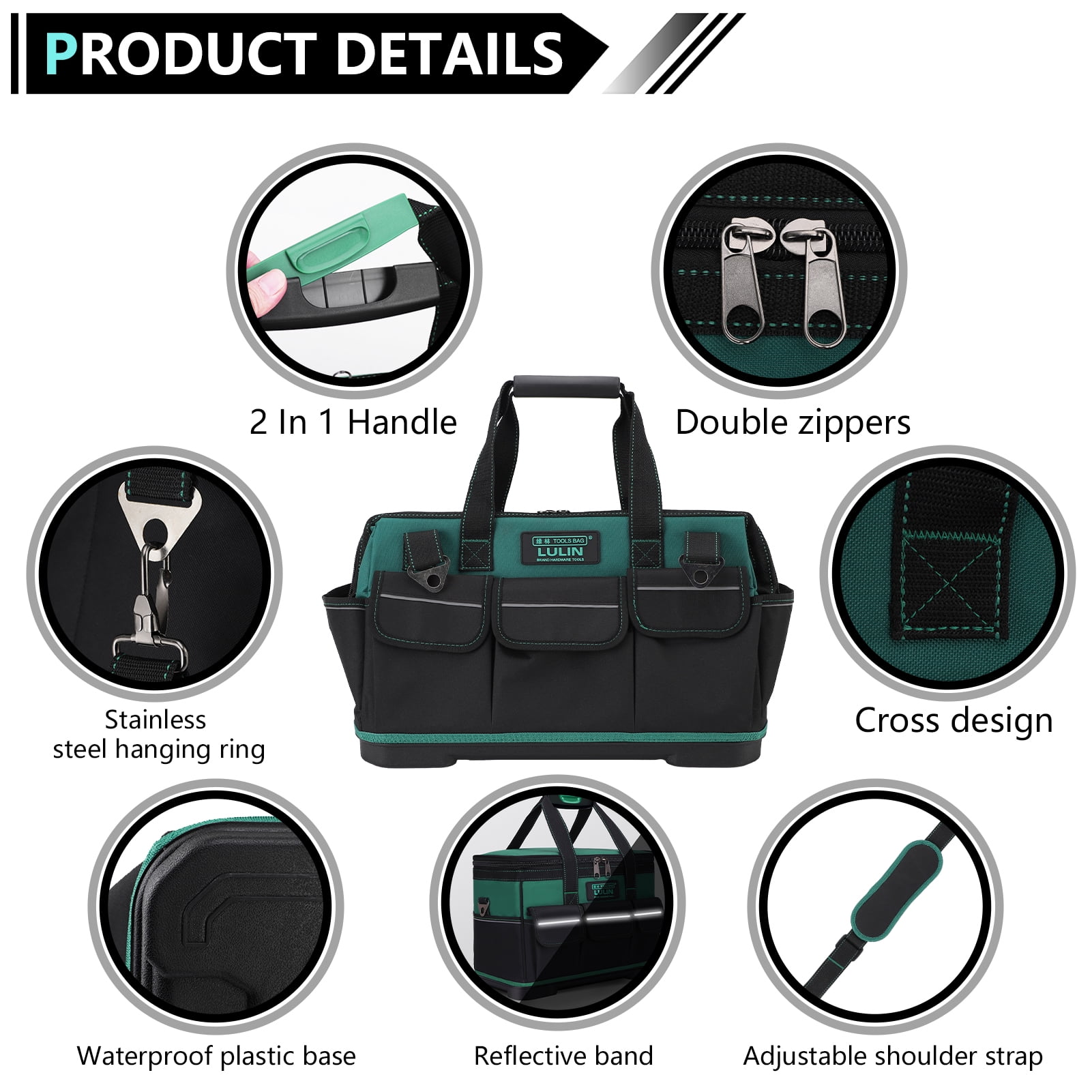 19-inch Tool Bag With 16 Pockets, Heavy Duty Hand Tool Storage Bag With Adjustable Shoulder Strap &amp; Waterproof Strong Molded Base, For Tool Kit Organizer Bag