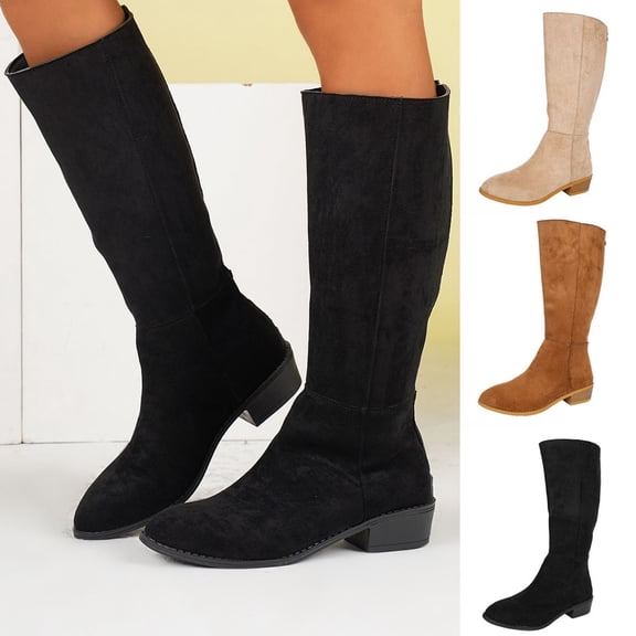 Fall Winter Women Classic Riding‑Style Tall Boots, Faux Suede Pull‑On Low Block Heel Knee‑High Booties