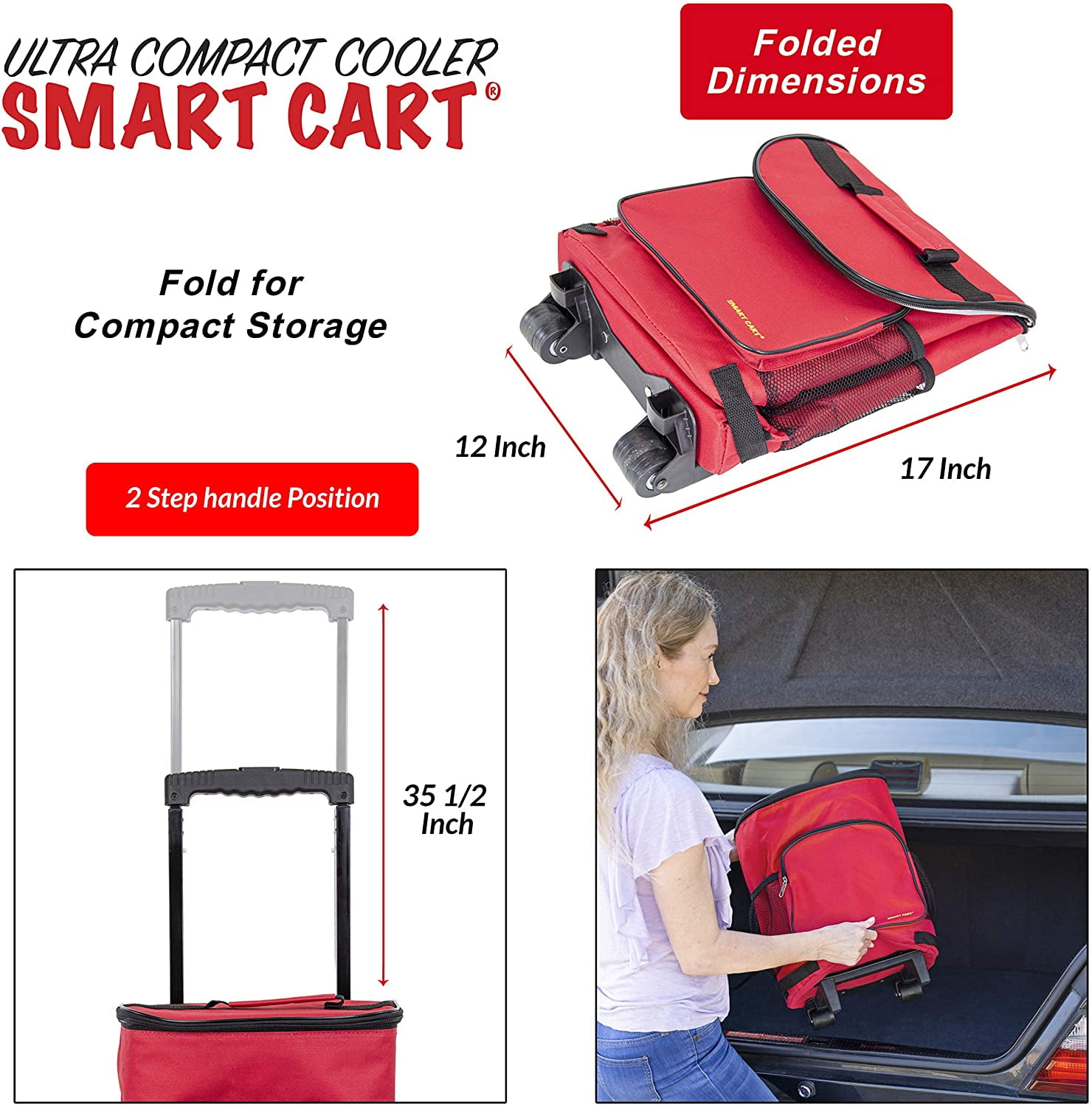 dbest products Ultra Compact Cooler Smart Cart, Red Insulated Collapsible Rolling Tailgate BBQ Beach Summer