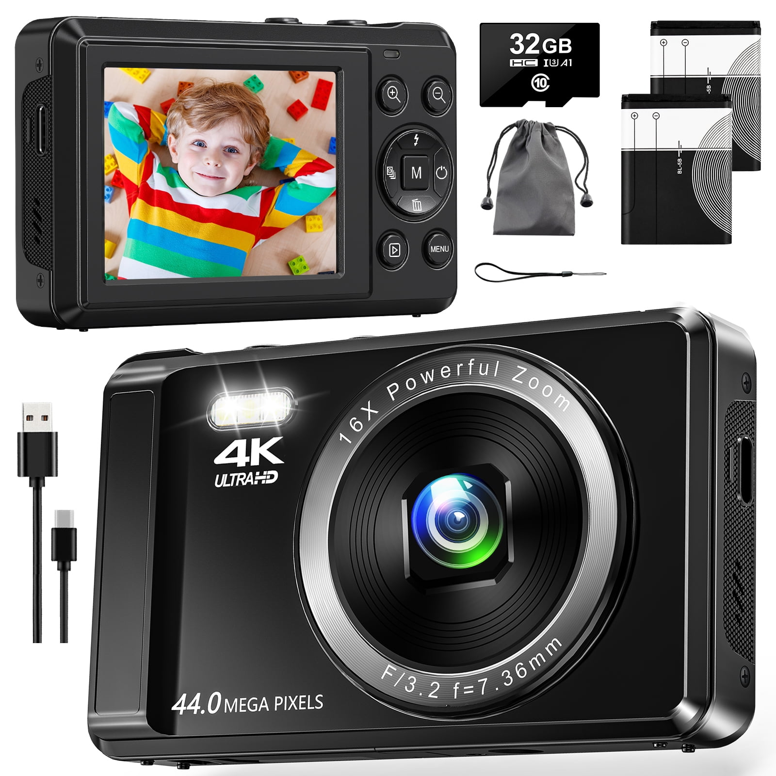SEREE Digital Camera 4K 64MP 16X Digital Zoom Autofocus Compact Camera with 32GB SD Card and 2 Batteries Black
